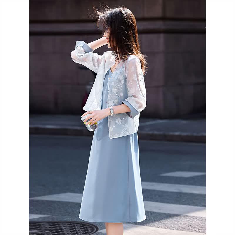 Summer New Chinese Style Jacquard Cardigan Dress Set