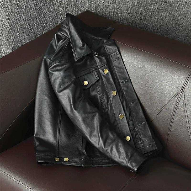 Ny Herr Äkta Läderjacka Smal Passform Koskinn Denim Bikerrock Casual Affärs Kort Rock