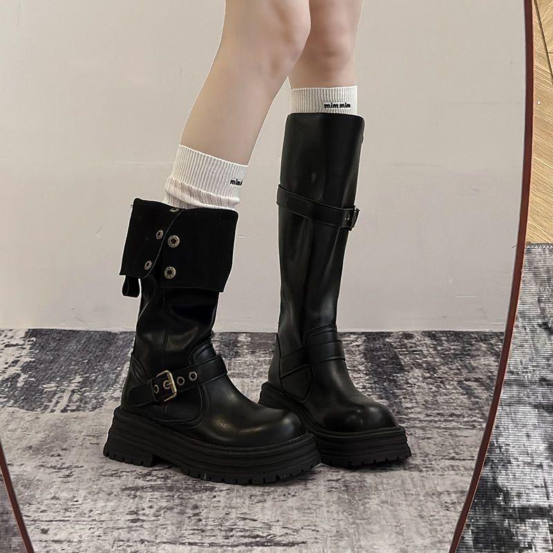 Versatile but knee-thin fashion boots 2025 autumn and winter new fashion two wear British style thick heel boots women
