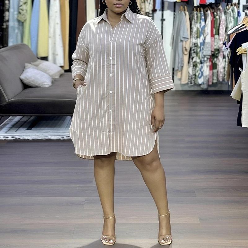 Spring New, European and American Women's Clothing, Fashionable and Elegant Striped Lapel Single-breasted Loose Shirt