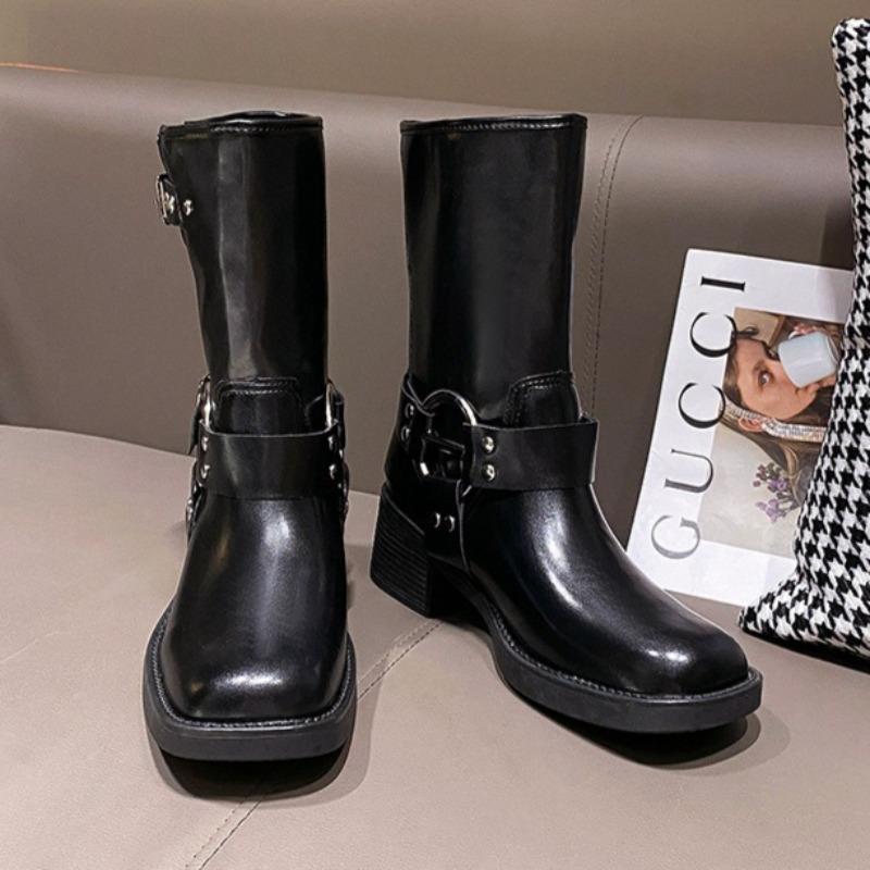 Women's Mid Calf Boots Fashion Belt Buckle Knight Boots Luxury Casual Leather Boots for Women Western Cowboy Boot Platform Botas