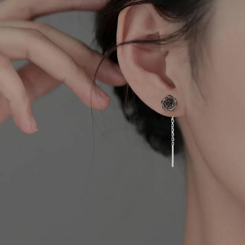 PONYKISS Silver Colorful Rose Cute Plant Stud Earring for Women Minimalist Fine Piercing Screw Bead Accessories
