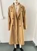 2025 Extra Long Double-Breasted Wool Coat with Tie – Solid Color Lapel for Spring and Autumn