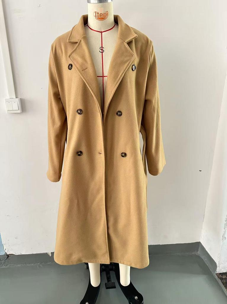 2025 Extra Long Double-Breasted Wool Coat with Tie – Solid Color Lapel for Spring and Autumn