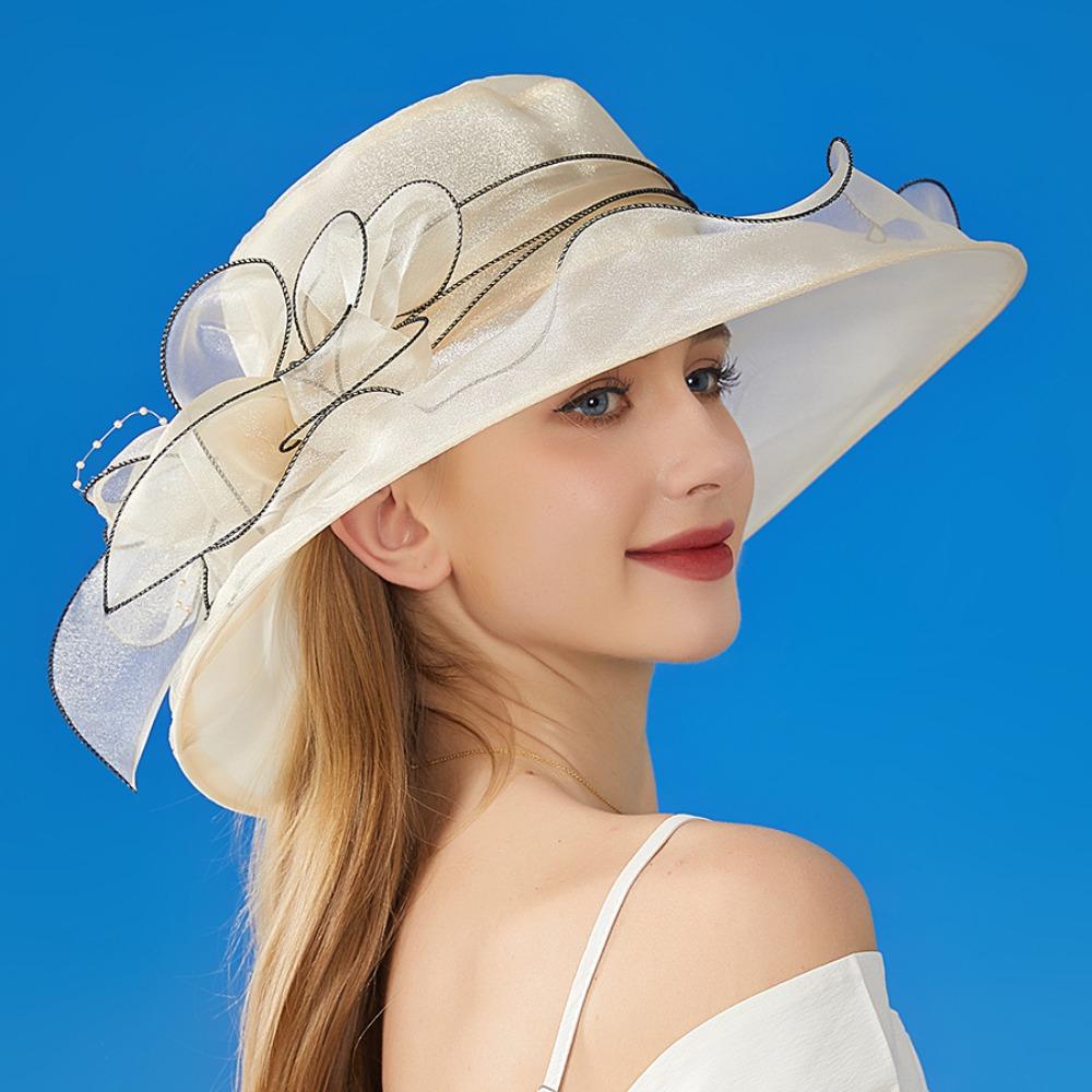 Organza Summer Ruffles Sun Hat Wide Brim Bridal Tea Party Wedding Hat Classy Women Derby Hat