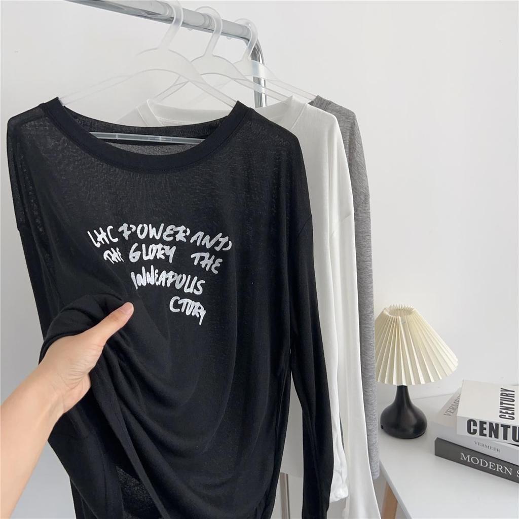 Korean Lazy Style Women's Off-Shoulder Letter Print Sun Protection Long-Sleeve T-Shirt