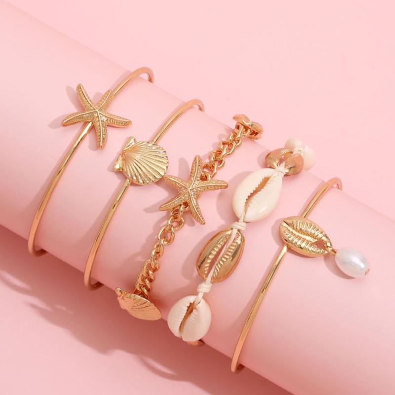 5Pcs Boho Summer Stackable Bangles Luxury Gold Color Starfish Shell Open Bangle Bracelet Set For Women Girls Beach Party Jewelry