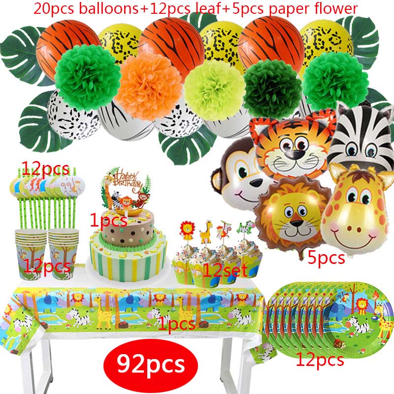 Safari Party Tableware Set Birthday Party Decoration Kids Plate Cups Hats Tablecloth Straw Animal Jungle Birthday Decor Supplies