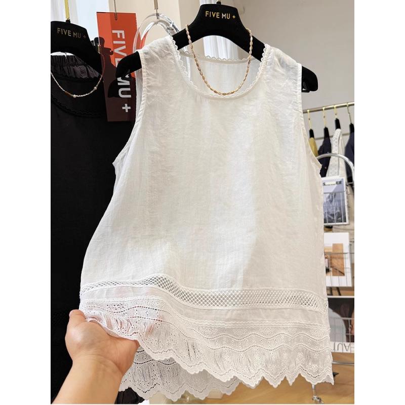 Lace Trim Ramie Cotton Round Neck Sleeveless Cardigan XXL