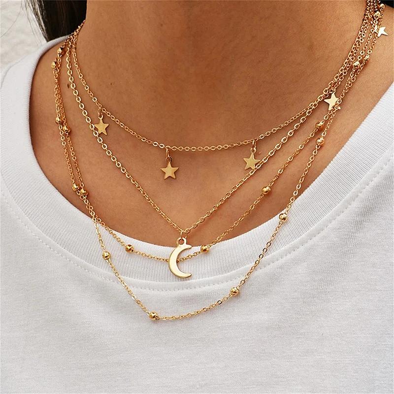 Fashion light luxury metal personalized collarbone chain female simple multi-layer star moon pendant necklace