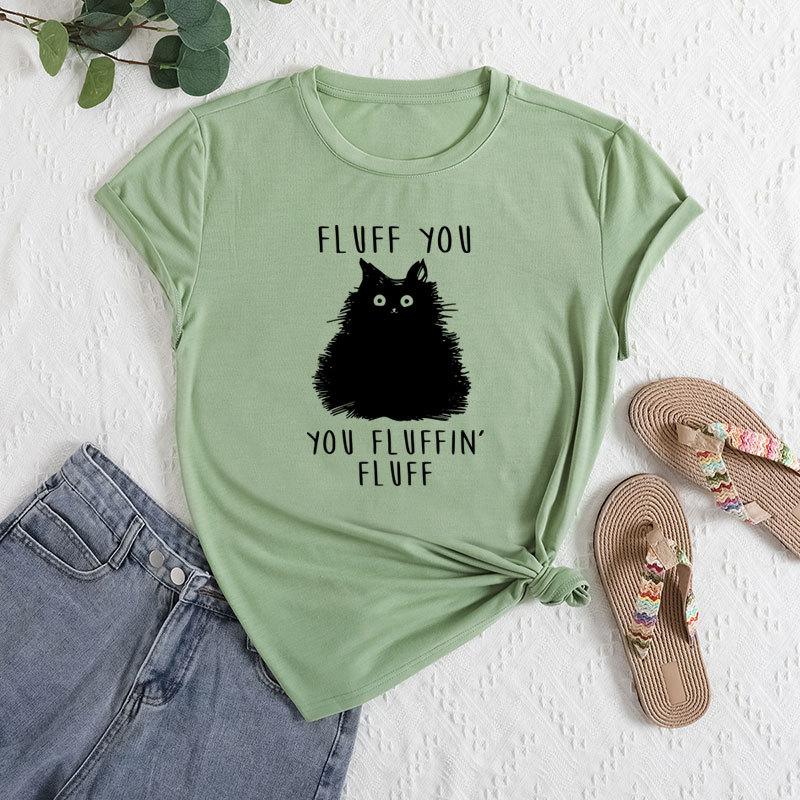 Summer Women's Letter Cat Print Round Neck Loose Casual Pure Cotton Short Sleeved T-shirts Women's