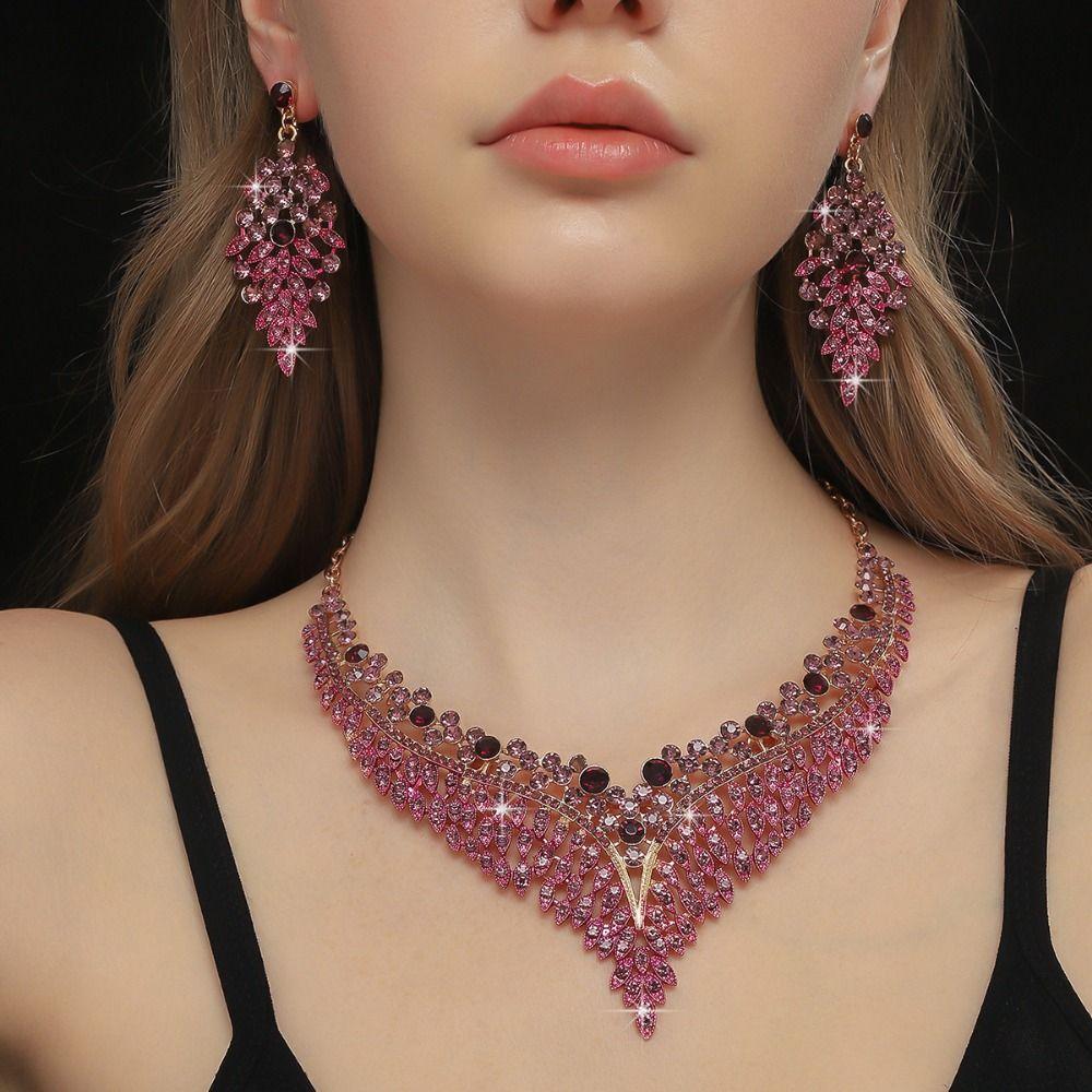 Fashion Jewelry Set Inlay Rhinestone Clavicle Chain Necklace Earring Set  Party