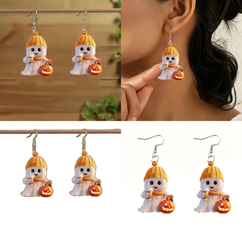 Cartoon Halloween Themed Ghost Milk Tea Pumpkin Pattern Women Acrylic Earrings