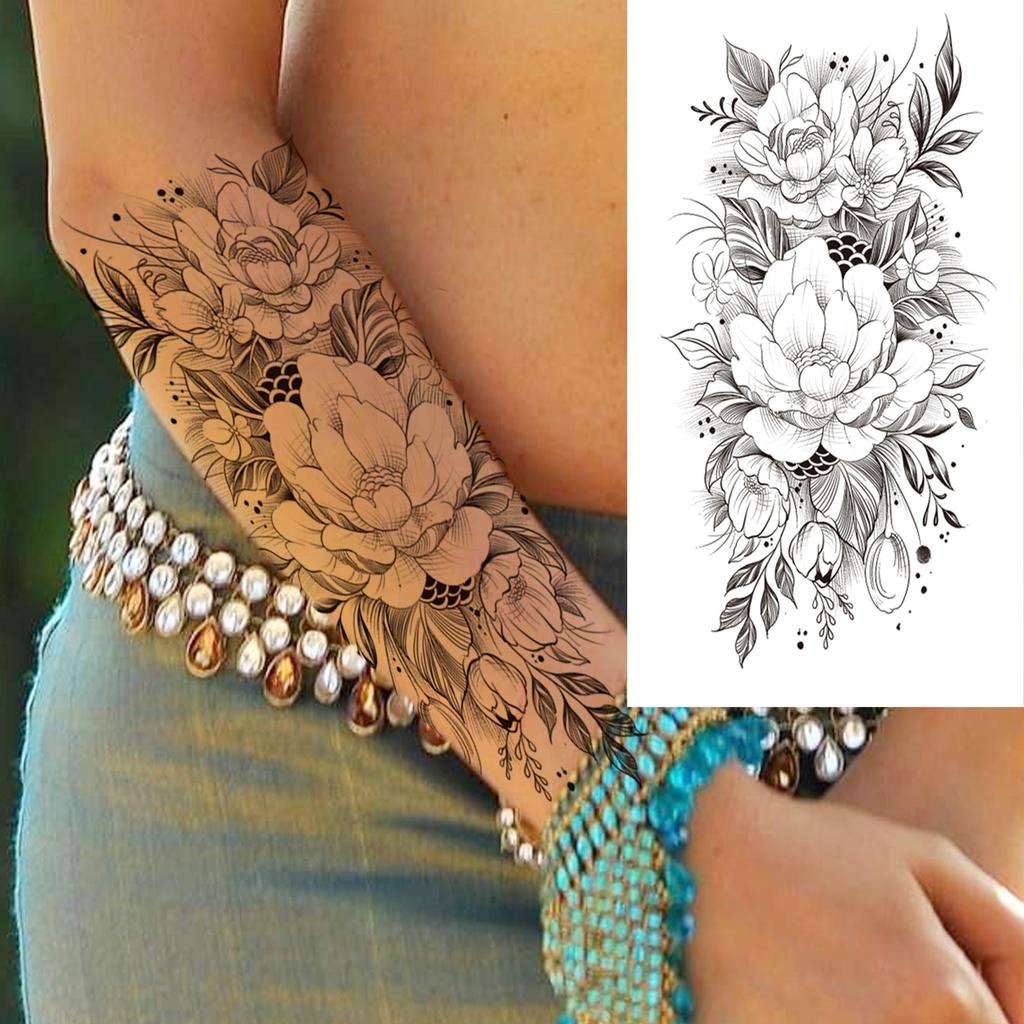 1 Sheet Black Henna Mandala Fake Jewels Temporary Sleeve Tattoos For Women Girls Forearm Waist Chest Back Tattoo Sticker Decal