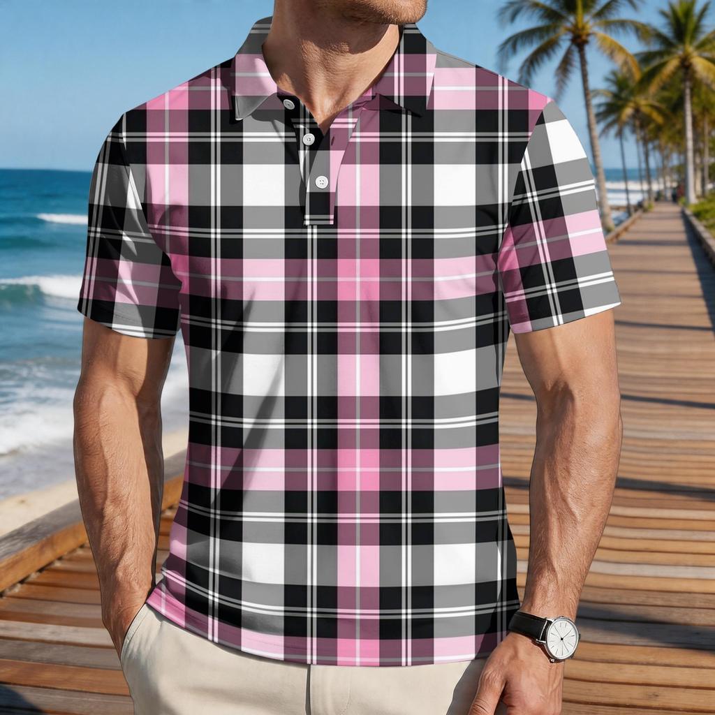 Men’s Loose Fit Casual Short Sleeve Polo Shirt with Plaid Print and Classic Turn Down Collar for Everyday Wear