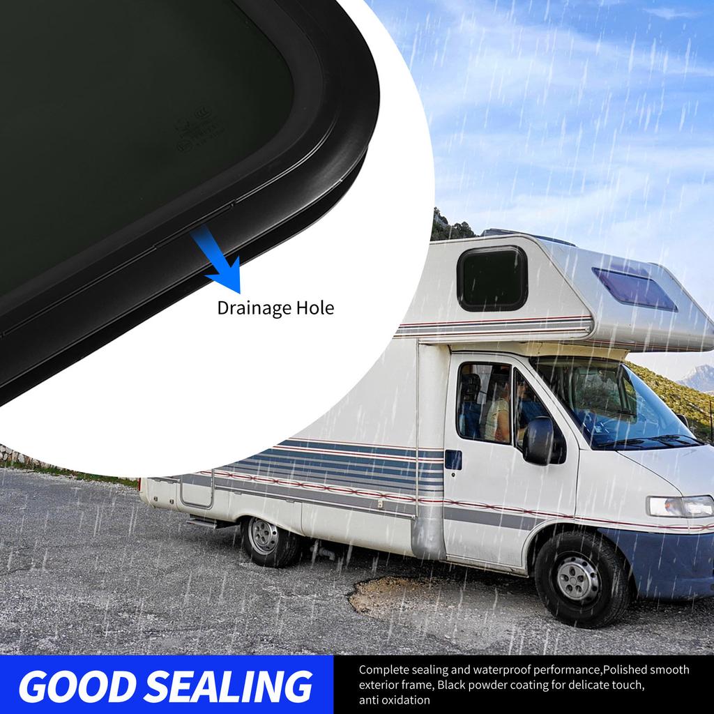 RV Fixed Window 500×350mm Black Aluminum Alloy Round Corner Glass With Fixing RIng For Trailer Camper