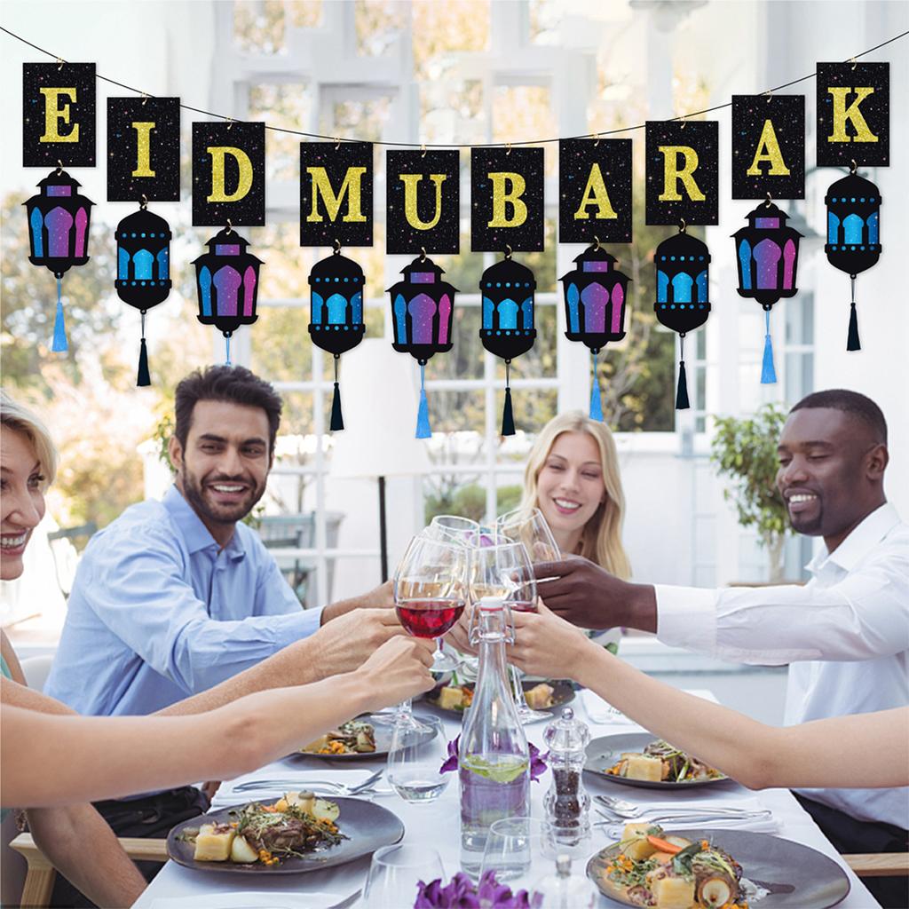 Eid Mubarak Banner with Lantern Tassels Ramadan Kareem Islamic Festival Party Decor Muslim Home Wall Hanging for Eid Adha Gifts