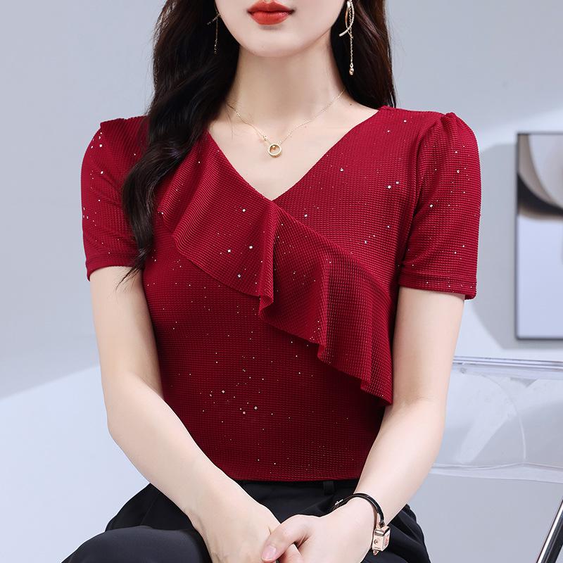 

Жіноча літня футболка з V-подібним вирізом та рюшами, вузького крою - модний топ для квадратних танців XL