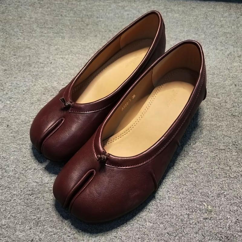 Pleated Designer Split Toe Women Pumps Comfort Soft Leather 3.5cm Low Heeled Ballet Ballerina Casual Tabi Loafers Shoes