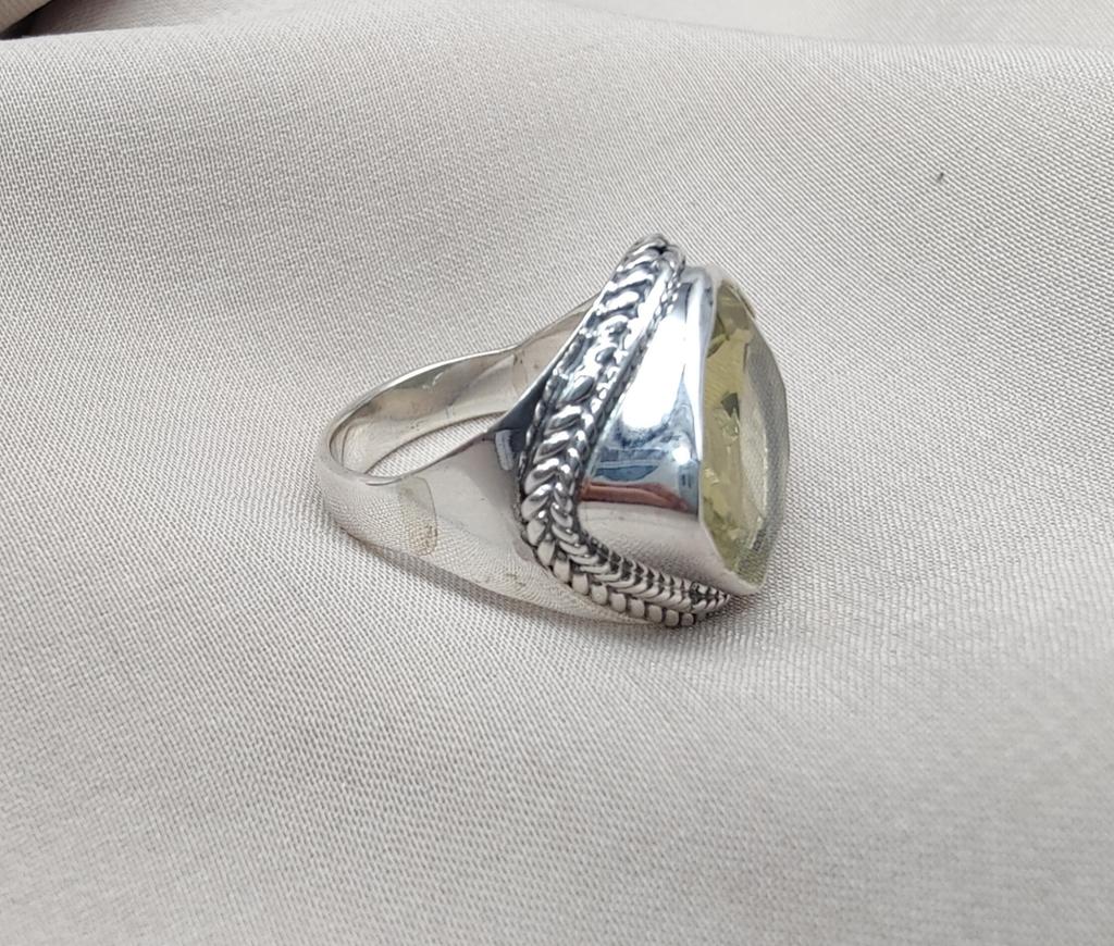 Lemon Quartz 925 Sterling Silver Statement Ring: Boho Vintage Style