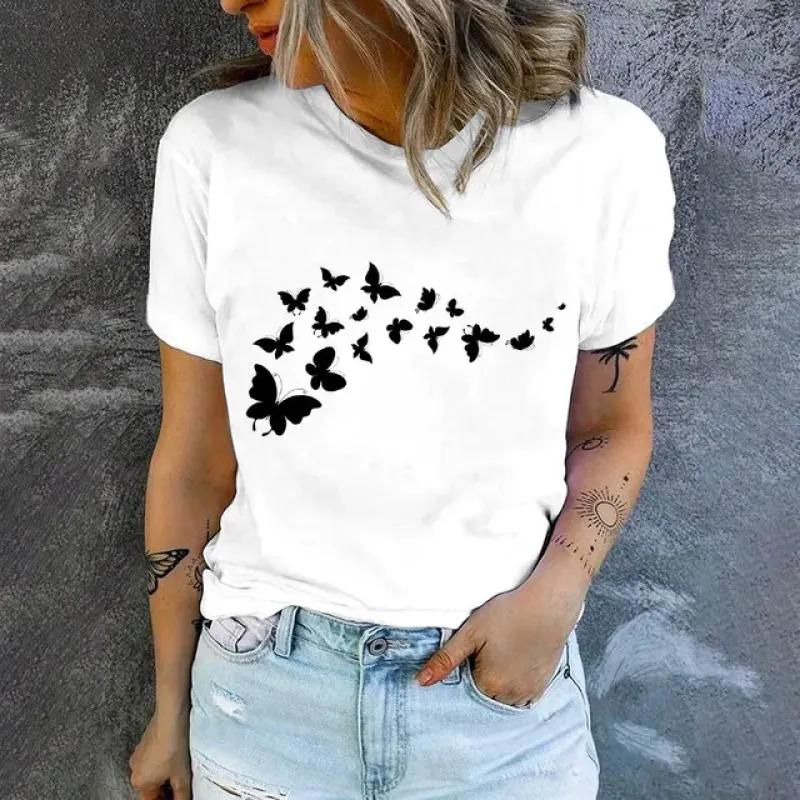 

Популярная футболка 2024 года, женская футболка с круглым вырезом, модная женская элегантная футболка с коротким рукавом и принтом бабочки для отдыха 6XL