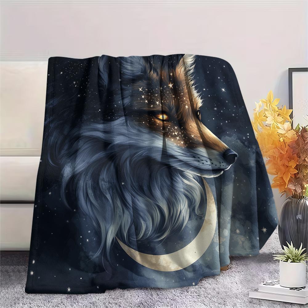 Fox and Moon pattern Flannel Blanket, High quality Comfortable for All Seasons, Home Decor, Warmth and Comfort, Perfect for Gifts.