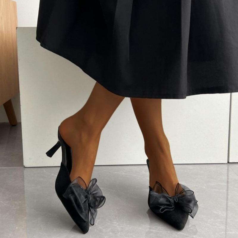 Fashion Ladies Shoes 2025 Summer Plus Size Women’s Slippers Bow Tie Pointed Toe Thin Heel Slippers for Dress Fashion Closed Toe Sandals