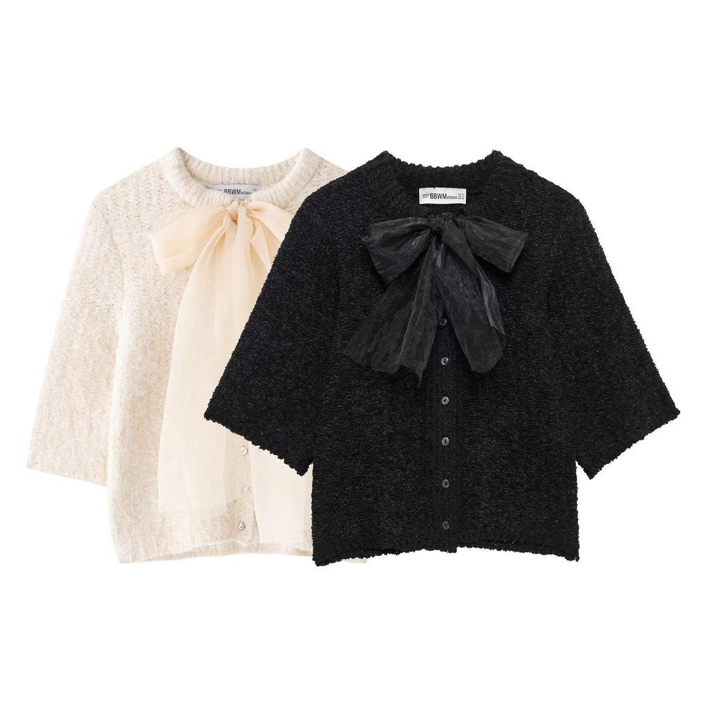 2024 Women's Winter Transparent Yarn Knit Top with Bow Brooch - European & American Style Fashion