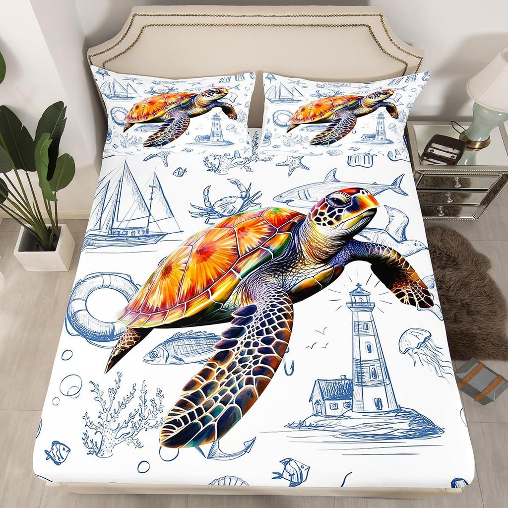 Sea Turtle Duvet Cover Full Size,Ocean Bedding Set for Kids Teens,Beach Comforter Cover,1 2 Pillowcases 3 Piece for Teens Boys