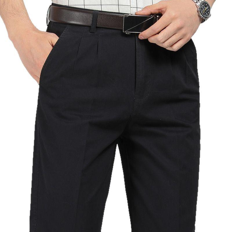 Dad's Pants Men's High Waist Cotton Double Pleated Loose Fit Pants for Spring & Autumn
