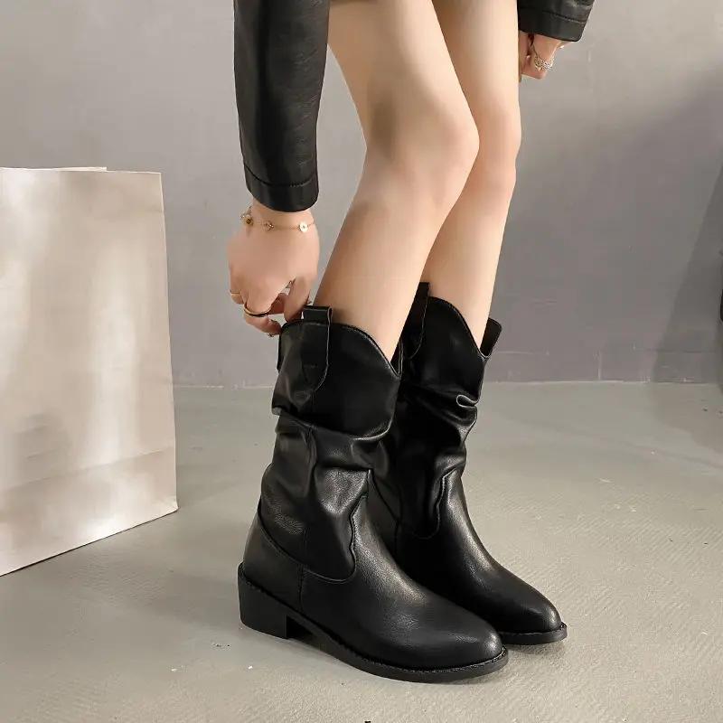 Fashion Leather Middle Heel Half High Boots for Women Gothic 2025 New Mid Calf Shoes Woman Goth on Offer Cosplay Rock in Footwear Sale