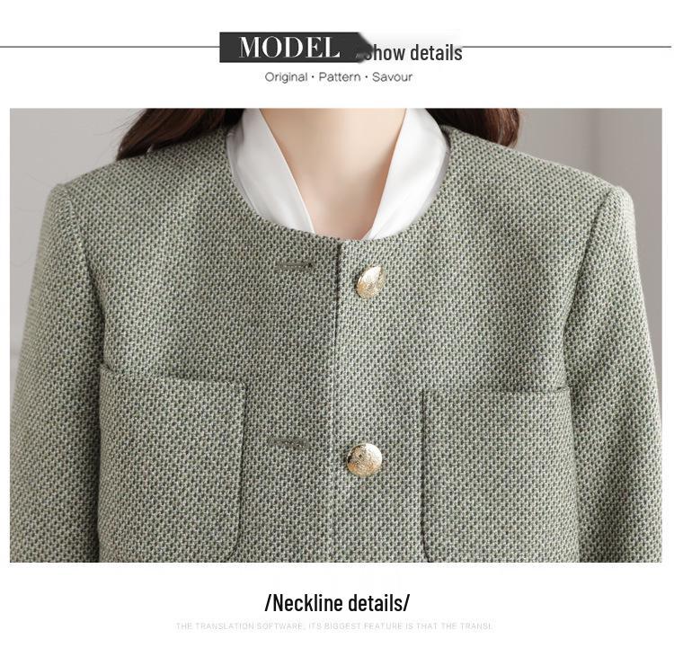 Women's French Style Round Neck Wool Tweed Jacket