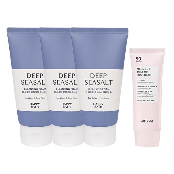 HAPPY BATH Perfect Deep Sea Salt Cleansing Foam 150g x3 + ARTDELI Melacut Sunscreen 50ml
