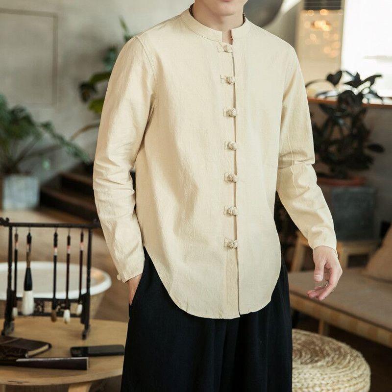 Men’s Chinese Style Long-Sleeve Linen Tang Suit Shirt and Jacket