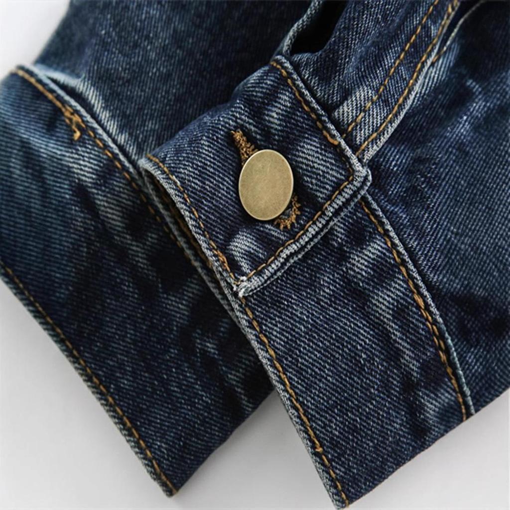 Women's Retro High Street Embroidered Denim Motorcycle Jacket - Spring/Autumn Oversized Lapel Top