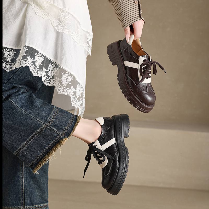 Krazing Pot Sheepskin Round Toe Med Heels Slip on Spring Autumn Shoes Big Size 41 Lace Up Mixed Color Oxford Women Pumps