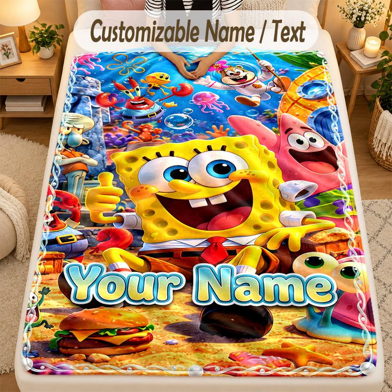 Flannel BlanketSpongeBob Custom Name Text Personalized Soft Warm Throw Blanket Home Decor Gift