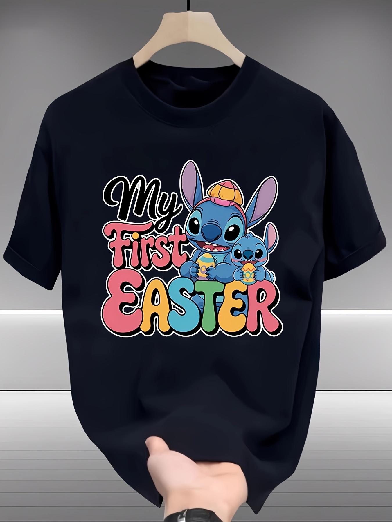 

Trendy] My First Easter Stitch Graphic T-shirt - Casual Black Tee with Vibrant Easter Egg Design XL