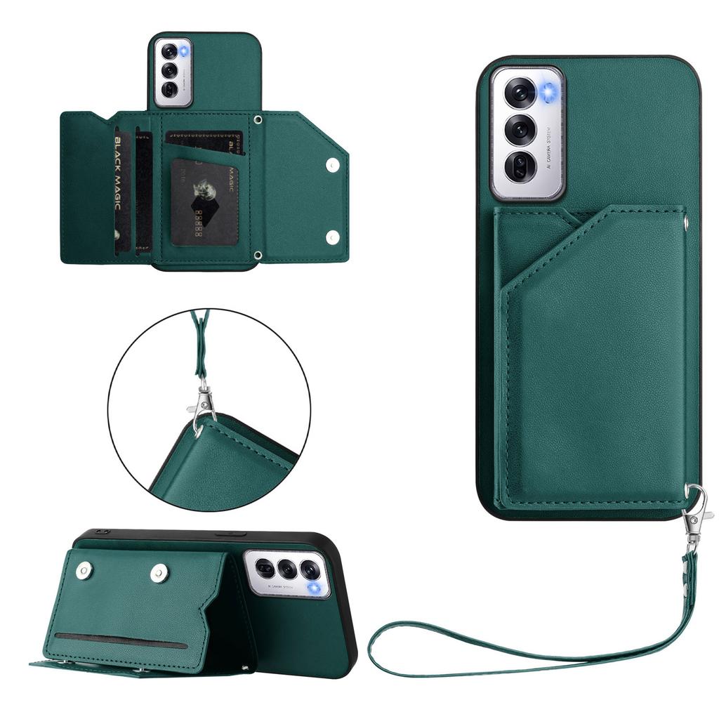 For Oppo Reno12 5G (Global) Case Card Holder Kickstand Skin-Touch Phone Cover with Wrist Strap