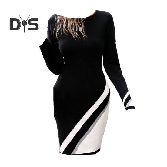 Kobiety Mini Sukienka Wiosna Jesień Kontrastowy Kolor Paski Nadruk Casualowa Sukienka Okrągły Dekolt Długi Rękaw Dopasowana Sukienka Streetwear