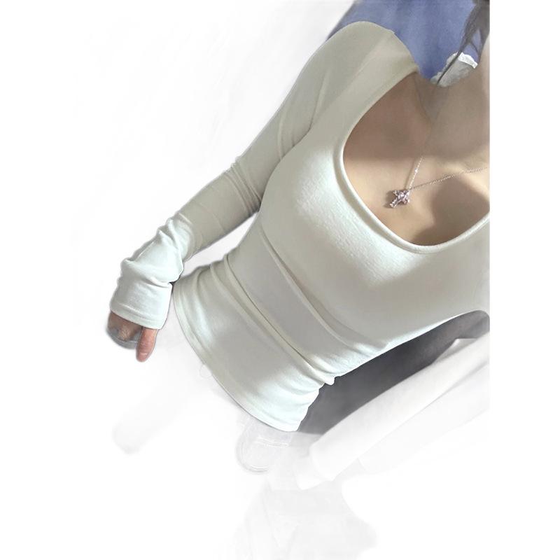 Women's Spicy Girl White Square Neck Slim Fit Long Sleeve Top - Autumn Winter Base Layer