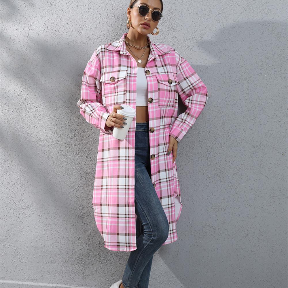 

QICED женские винтажные повседневные повседневные клетчатые куртки и пальто с воротником-поло на осень-зиму с длинными рукавами XXL розовый