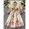 French Style Elegant Retro Dress Women's Fancy Court Style Print Shoelace Tight Waist Elegant Dress Fashion Long Dress