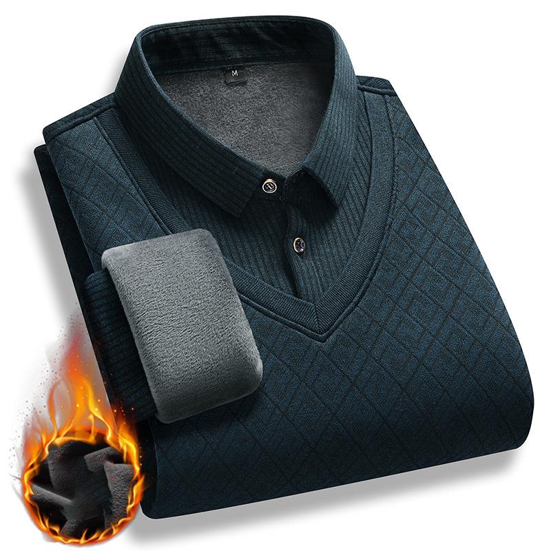 Winter Warm Thick Pullovers Men Polo Neck Fake Two Pieces Sweaters Fashion Casual Striped Fleece Lined Jumper Knitting Sweaters