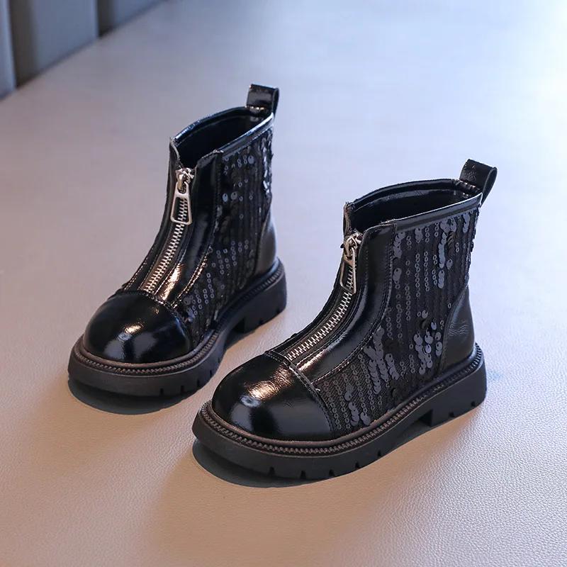 

Новые весенне-осенние ботильоны для девочек, блестки, универсальные детские школьные черные ботинки, модные повседневные детские кожаные ботинки в стиле пэчворк 26 чёрный