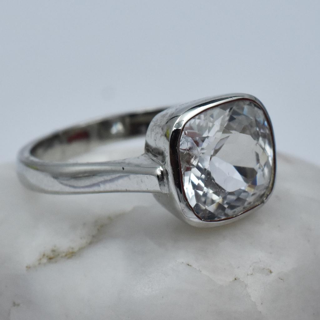 Natural White Sapphire Square Cushion Cut Silver Ring 22.60 Ct certified AR-3135-Sa