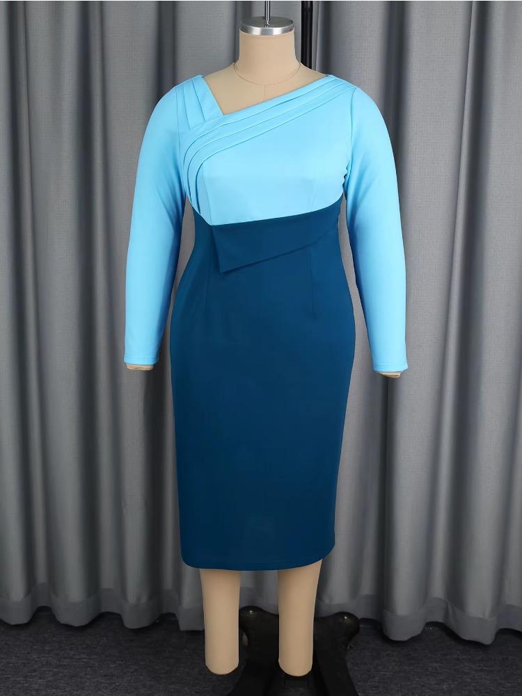 Elegant  Women Color Block Bodycon Midi Dress Asymmetrical Neck Slim Autumn Winter Evening Party Casual Office Gown