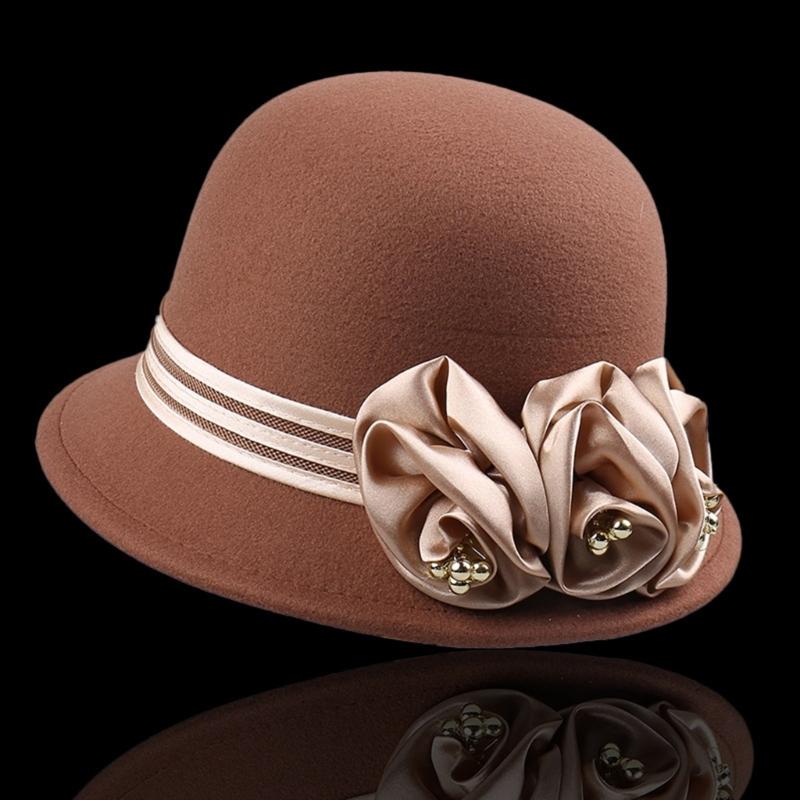 Vintage Silky Flower Hat Winter Warm Dome Hat Women Wool Cloche Hat Headwear