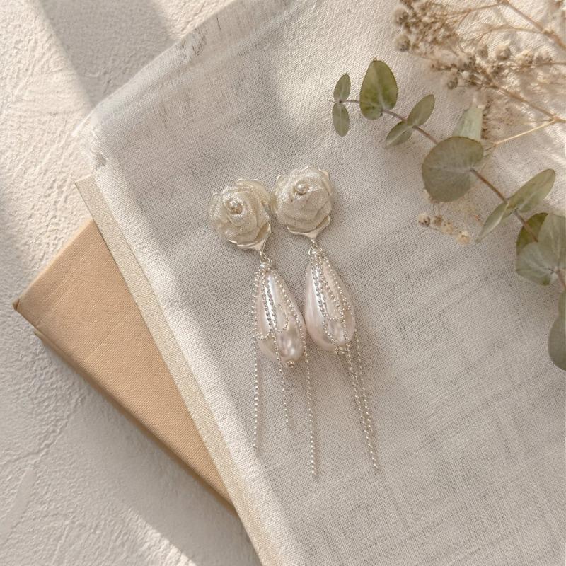 Women French Style Elegant Rose Flower Pearl Tassel Dangle Earrings