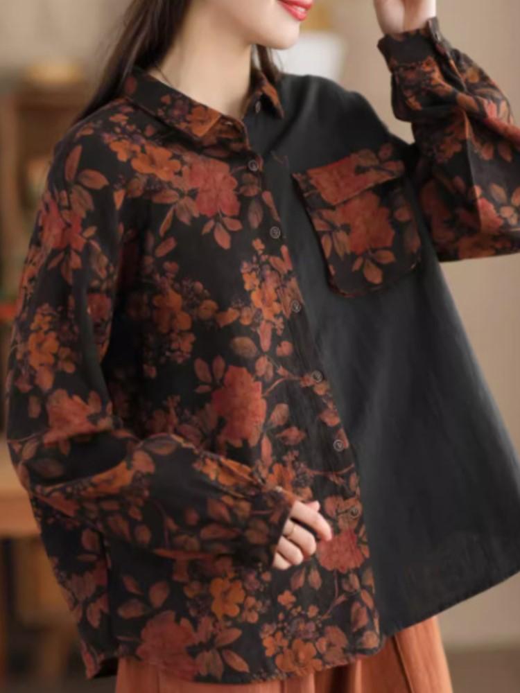 

Johnature женские винтажные рубашки с цветочным принтом, лоскутные карманы, блузки с отложным воротником и длинными рукавами, весенние рубашки One Size чёрный